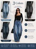 Women High Waist Wide Leg Jeans, Side Cutout Eyelet Rivet Denim Pants Loose Fit Hollow Out Flared Trousers Streetwear Fashion Baggy Jeans with Pockets