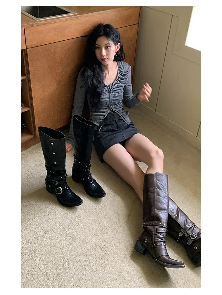 Woman Black Punk Knee High Platform Low Heel Trend Punk Gothic New Rock Leather Fashion Women Chunky Knight Motorcycle Footwear