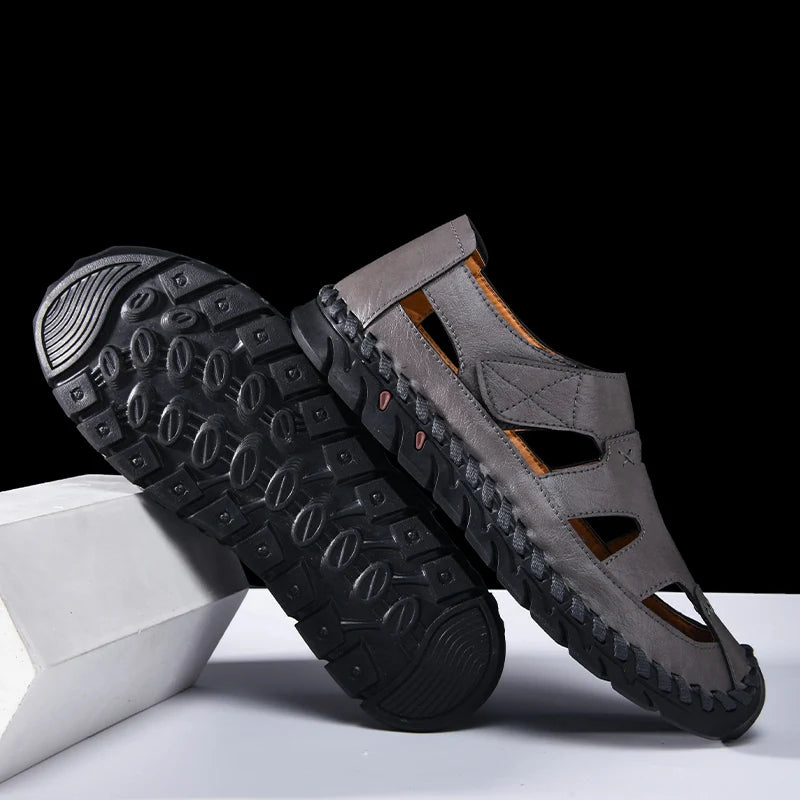 Outdoor Summer Man Sandals Stylish Leather Mens Beach Shoes Outdoor Men  Roman Flats Hollow Out Sandalias New Wading Aqua Shoes