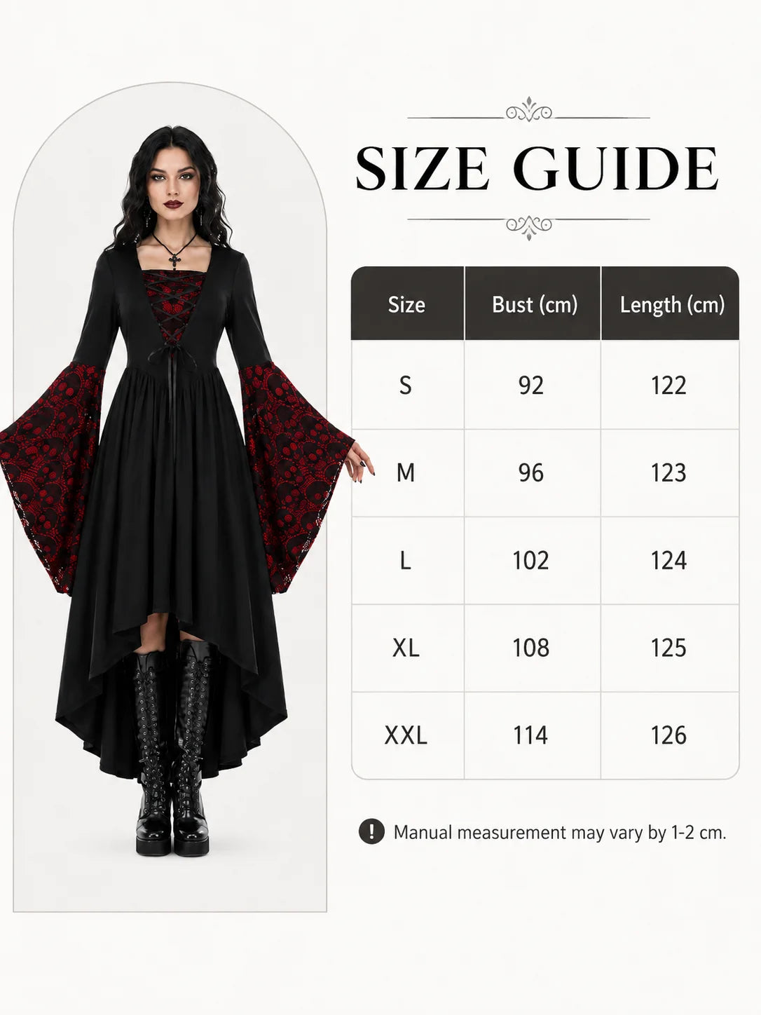 Women Gothic Medieval Dress Skull Lace Bell Long Sleeve Lace Up Front High Low Midi Dress Vintage Renaissance Witch Costume Halloween Cosplay Party Dress