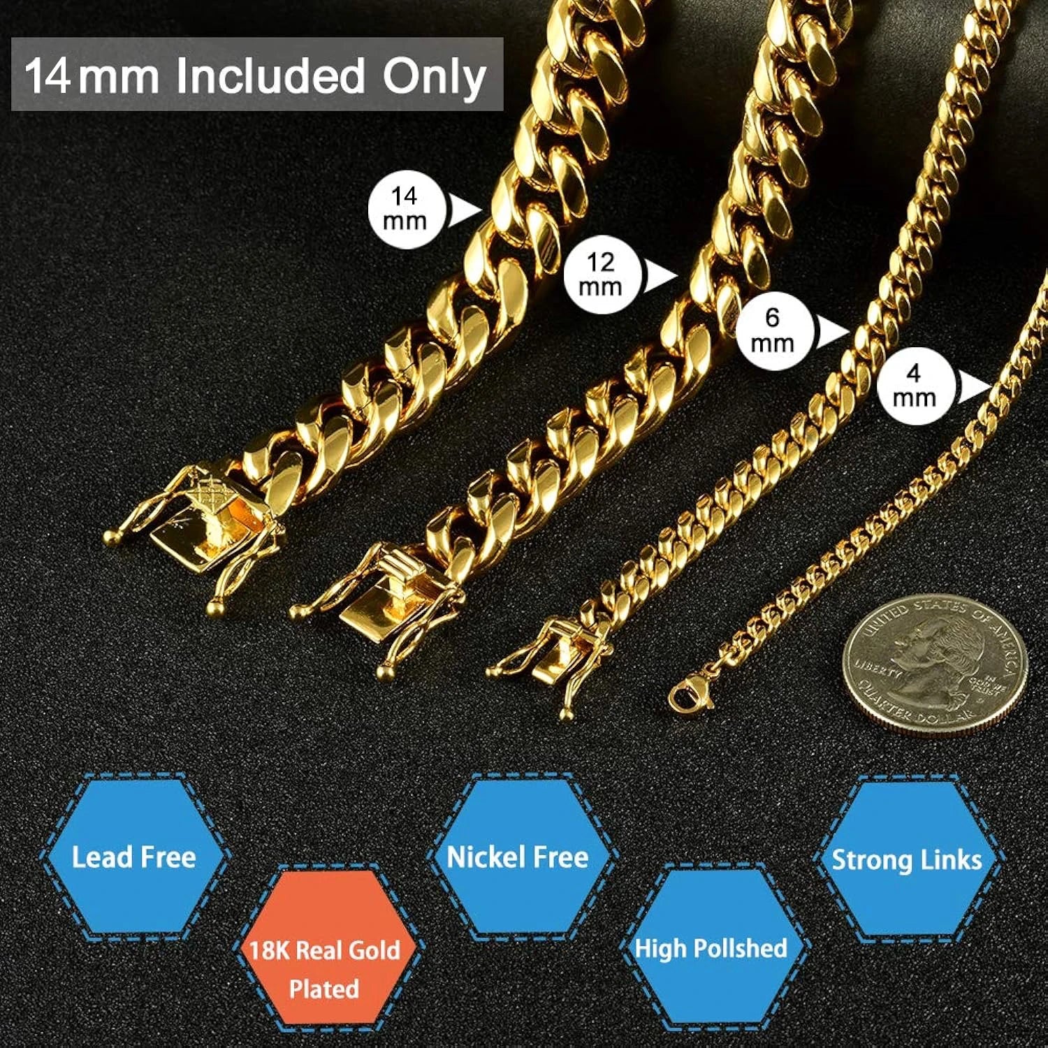 6-14mm Wide Stainless Steel Cuban Miami Chains Necklaces Mens Necklace Chain 316L Stainless Steel Hip Hop Necklace Gold Color