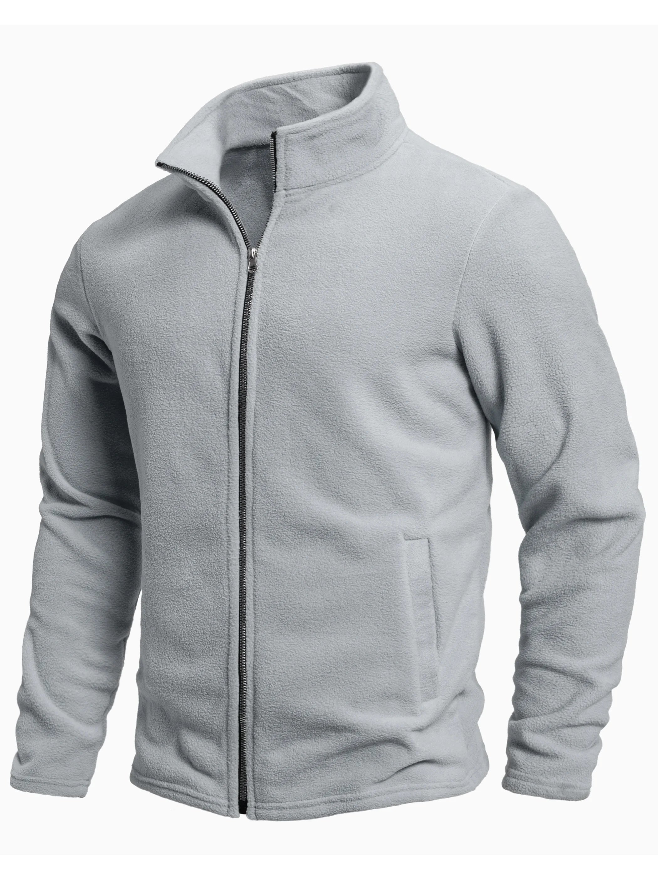Men's Spring and Autumn Solid Color Fleece Warm Top, Comfortable Zippered Cardigan for Men's Outdoor Leisure