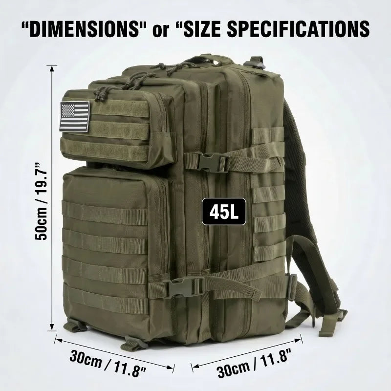 45L Tactical Travel Backpack Molle Large Capacity Multi Pocket Storage Bag Durable Wear Resistant Camping Hiking Trekking Bushcraft Daypack Heavy Duty Rucksack For Men Women Business Trips Mountain Climbing Daily Commute Lugg