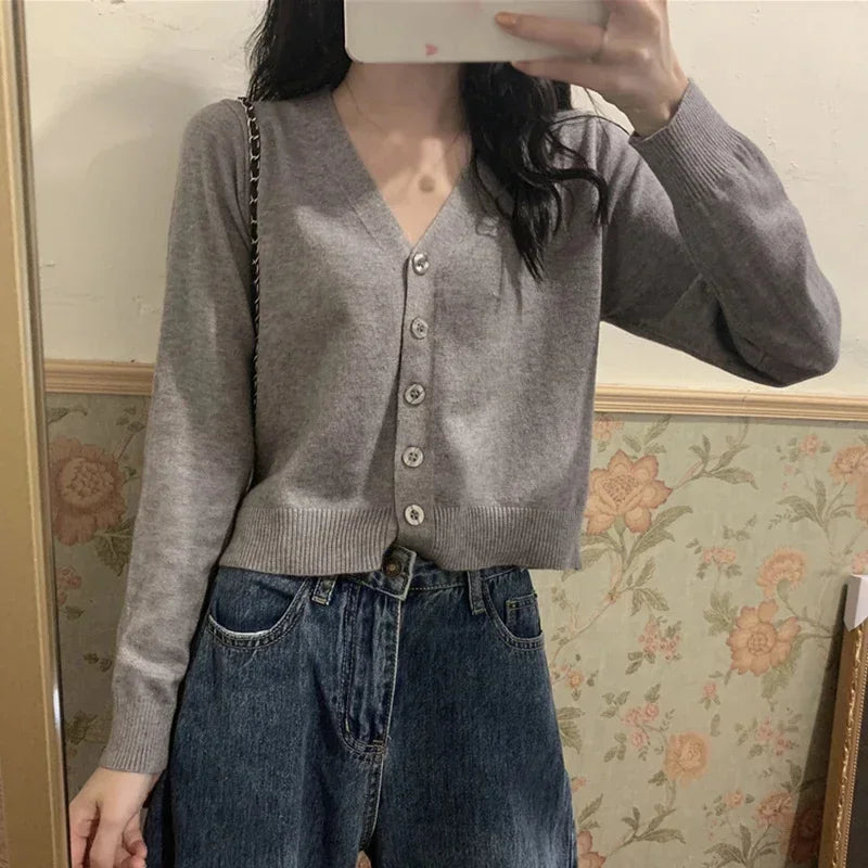 2026 Women Long Sleeve Cropped Cardigan V Neck Button Down Knit Lady Autumn Spring Knitted Single-breasted Cardigan Sweaters