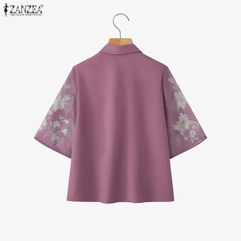 ZANZEA Summer 2026 Women's Elegant Blouses Turn-Down Collar Half-Zip Floral Print 3/4 Sleeves Patchwork Shirts Woman Clothes 3XL