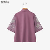 ZANZEA Summer 2026 Women's Elegant Blouses Turn-Down Collar Half-Zip Floral Print 3/4 Sleeves Patchwork Shirts Woman Clothes 3XL