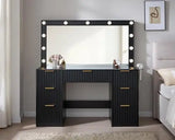 47.2" Fluted Vanity Desk with Large Mirror and Lights, Black | 7 Drawers Large Black Makeup Vanity Table with Glass Top