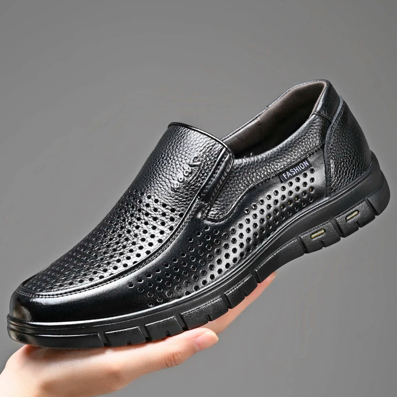Men's Genuine Leather Sandals Men Summer Hollow Breathable Leather Shoes Mens Casual Soft Comfortable Flats EU Sizes 38-48