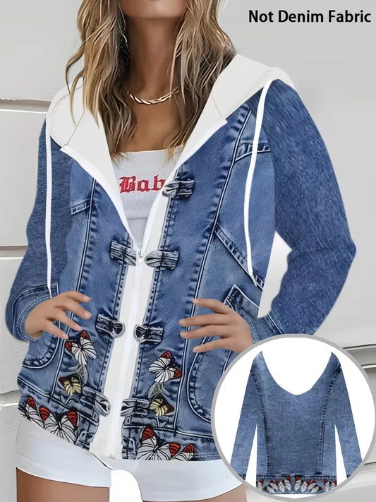 Plus size women's butterfly embroidery print hooded faux denim jacket; horn button patchwork sweatshirt with faux denim sleeves jacket