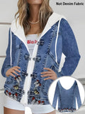 Plus size women's butterfly embroidery print hooded faux denim jacket; horn button patchwork sweatshirt with faux denim sleeves jacket