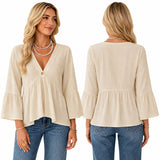 V Neck Bell Sleeve Blouses for Women Loose Fit Babydoll Tunic Tops Single Button Pleated Flowy Shirts Casual Daily Office Going‑Out Tunic