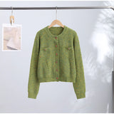 Chic Speckled Knit Cardigan Round Neck Shoulder Pads Long Sleeve Single Breasted Patch Pockets Daily Women Top 2026 Autumn Tops
