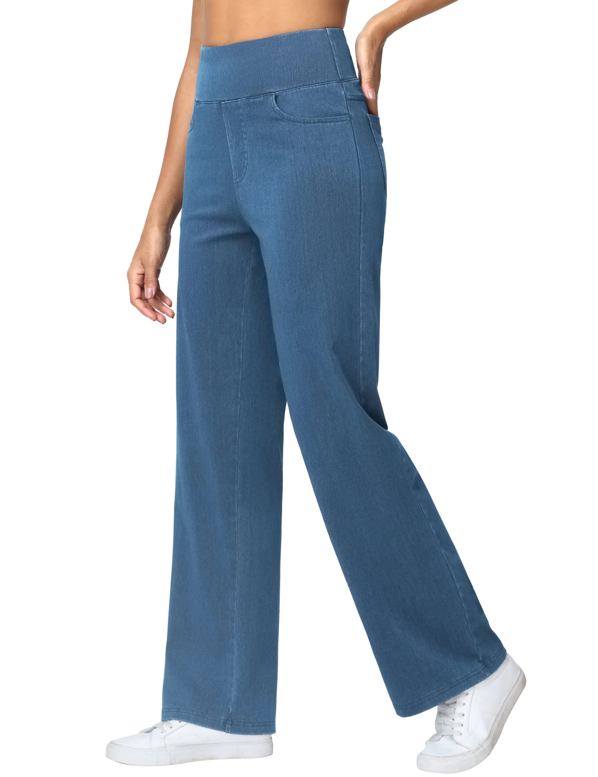 THE GYM PEOPLE Women's Wide Leg Jeans High Waisted Pull on Stretchy Baggy Basic Straight Denim Pants with Pockets