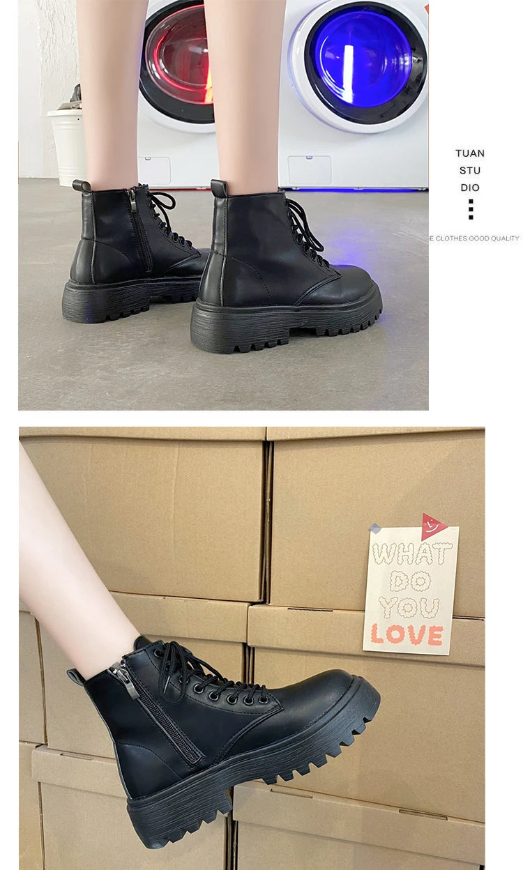 Plus Size 42 43 Women Motorcycle Ankle Boots Wedges Female Lace Up Platforms Black Leather Oxford Shoes Woman 2022 Botas Mujer