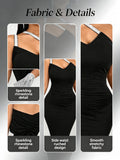 Women Sparkly Strap One Shoulder Midi Bodycon Dress Sleeveless Ruched Evening Party Dress Black Club Night Out Dresses