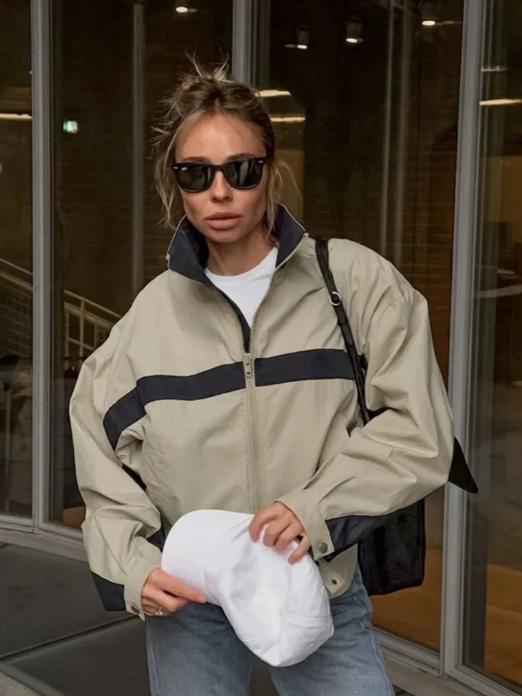 Women's Jackets Beige Black Zip Collar Crop Jacket Lapel Loose Streetwear Spring Autumn Chic Sports Outfits Short Coats 2026 New