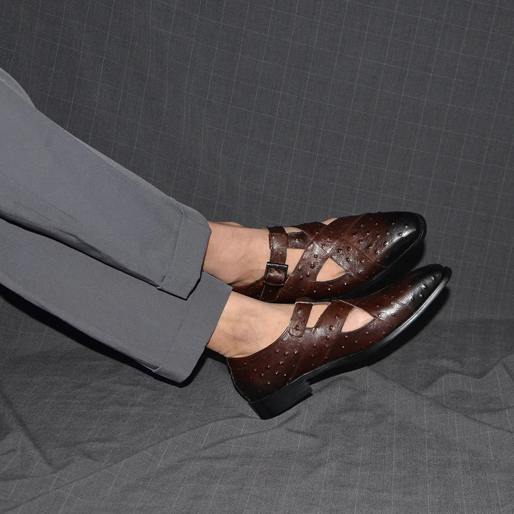 Rome Style Men's Sandals Genuine Cow Leather Summer Buckle Strap Hollow Out Casual Business Wedding Dress Shoes Men Open Shoes