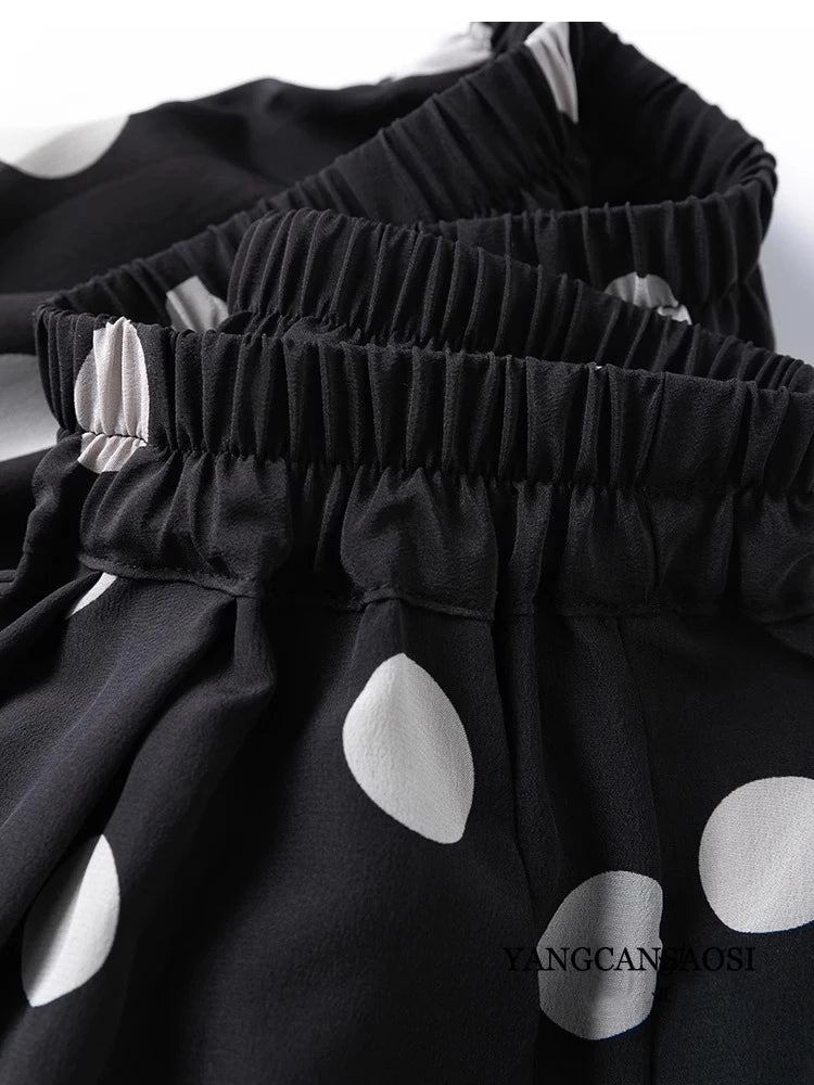 Modern Large Polka Dot 100% Natural Mulberry Silk Crepe De Chine Elastic Waist Women's Fashionable Cropped Lantern Pants