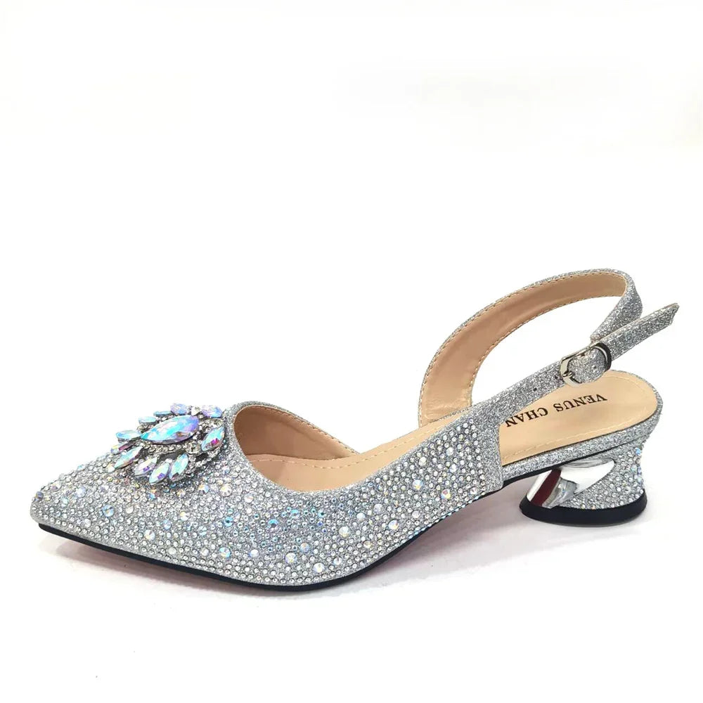 Venus Chan Royal Blue Sandals for Women 2024 Luxury Wedding Pumps Med Heels Rhinestone Design Party Shoes and Bags Set