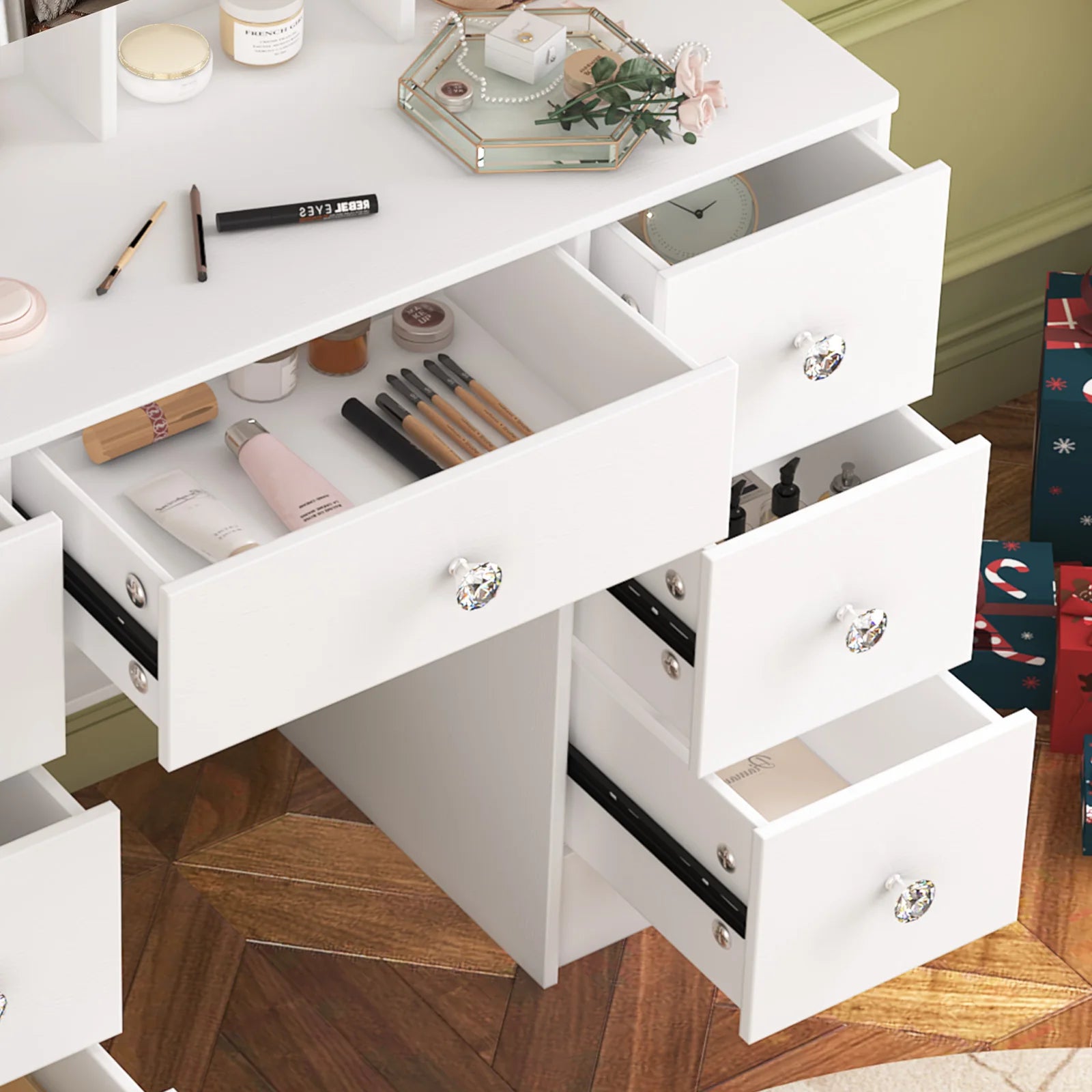Teousev 7 Drawers Vanity Dressing Table with 10 Dimmable LED Lights, Large HD Mirror Modern Makeup Desk with Ample Storage