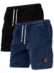 2-Piece Set of Thick Striped Black Label Men's Corduroy Casual Shorts, Summer Retro Logo Lace up Loose Sports Five Quarter Pants, Multi Pocket Training Pants.