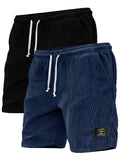 2-Piece Set of Thick Striped Black Label Men's Corduroy Casual Shorts, Summer Retro Logo Lace up Loose Sports Five Quarter Pants, Multi Pocket Training Pants.