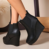 Women Platform Wedge Heel Chelsea Ankle Boots, Elastic Side Slip‑On Faux Leather Solid Color Spring Autumn Casual Short Booties