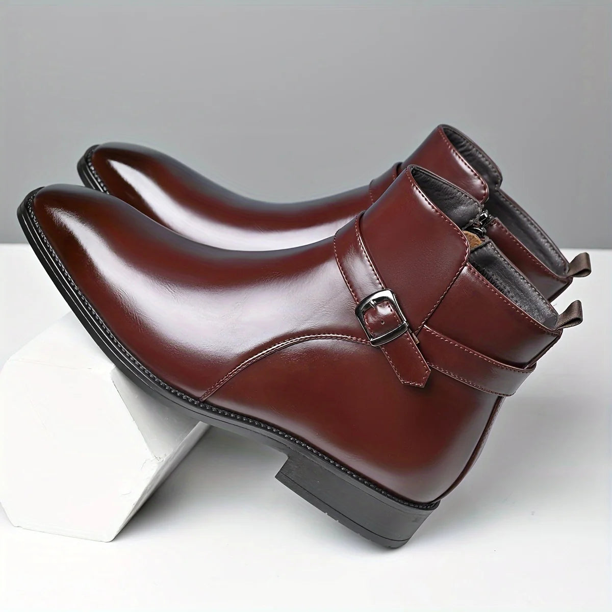 Mens Buckle Strap Ankle Boots Pointed Toe Leather Formal Chelsea Boots Man Business Dress Short Botas for Men High Top Footwear