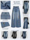 Women High Waist Wide Leg Jeans, Side Cutout Eyelet Rivet Denim Pants Loose Fit Hollow Out Flared Trousers Streetwear Fashion Baggy Jeans with Pockets