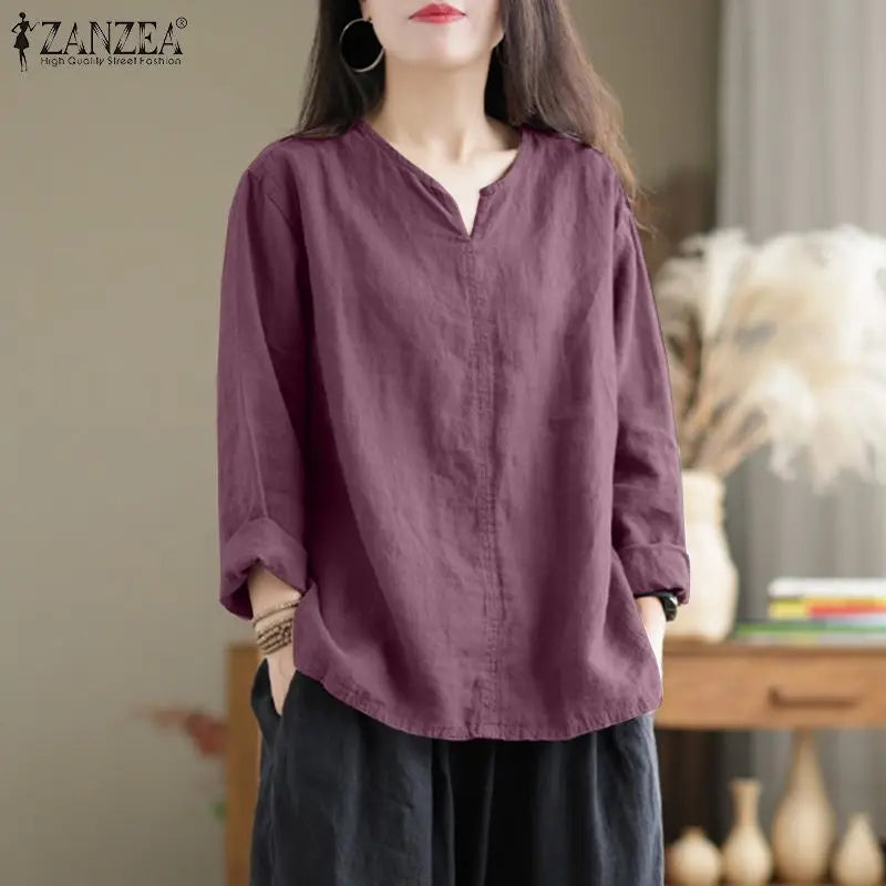 Vintage Women Blouse Autumn Long Sleeve Shirt Female V Neck Work Holiday Blusas ZANZEA Casual Solid Loose Shirt Cotton Chemise