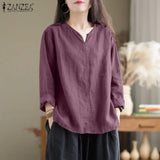 Vintage Women Blouse Autumn Long Sleeve Shirt Female V Neck Work Holiday Blusas ZANZEA Casual Solid Loose Shirt Cotton Chemise