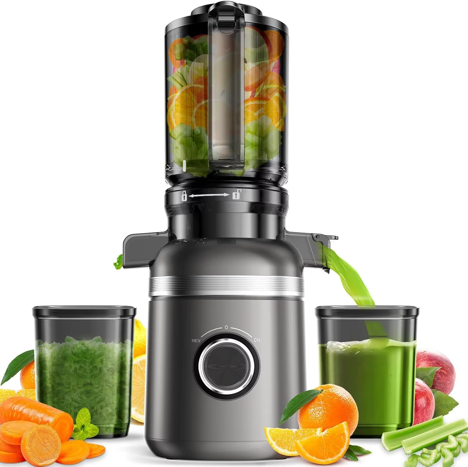 Slow Masticating Juicer for Whole Fruits and Vegetables, High Yield, Easy Clean, Gray