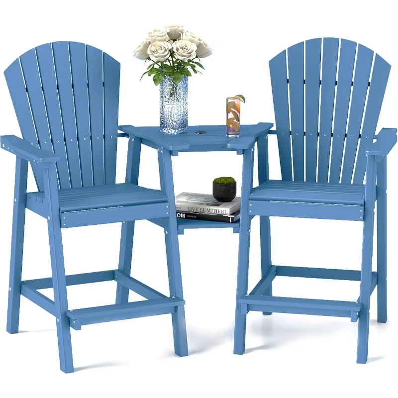 Tall Adirondack Chair Set of 2, All Weather HDPE Bar Height Adirondack Chair with Double Connecting Trays, Adirondack Bar