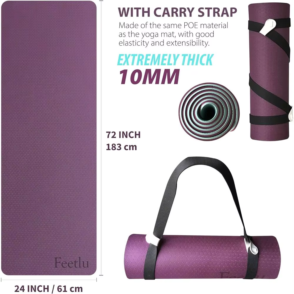 Thick 10Mm Non-Slip Yoga Mat with Strap for Yoga, Pilates, and Floor Exercises