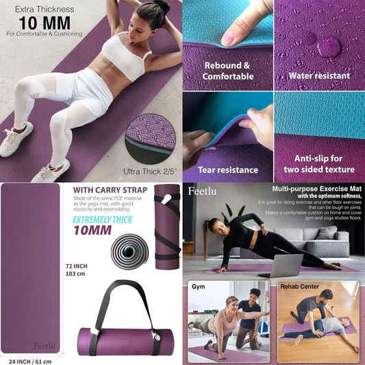Thick 10Mm Non-Slip Yoga Mat with Strap for Yoga, Pilates, and Floor Exercises