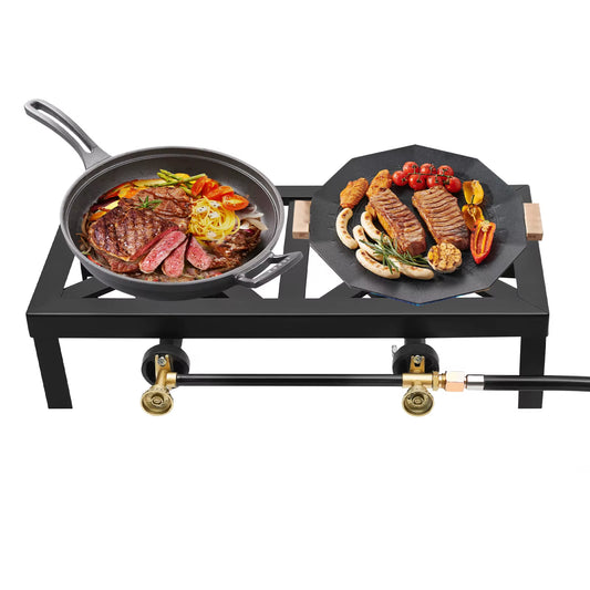 Portable Double Burner Outdoor Gas Stove Propane Cooker with Adjustable 0-10Psi Regulator Hose for Patio Camping, BBQ