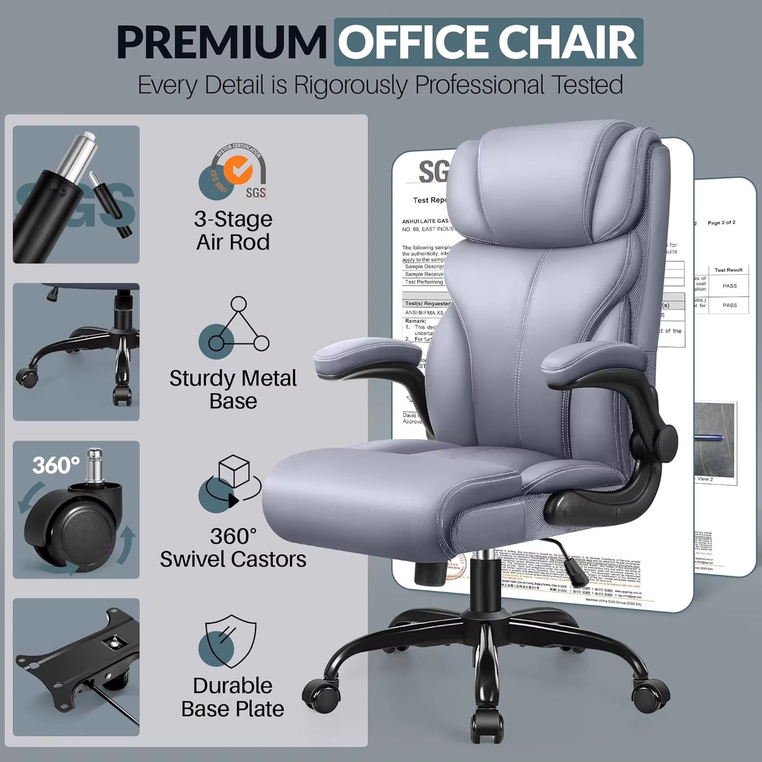 Ergonomic Leather Office Chair with Adjustable High Back and Flip-Up Armrests for Big and Tall Users, Customizable Lumbar Support