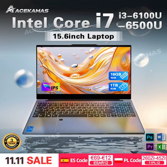 ACEKAMAS 15.6" Portable Laptop Computer  Core I7 6500U I3 6100U Windows 11 Pro 16GB DDR4 1TB SSD Notebook PC Gaming Laptops