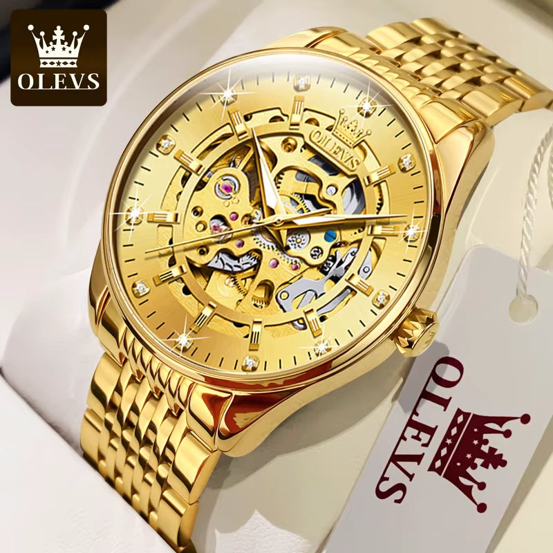 Men'S Watches Luxury Gold Skeleton Automatic Mechanical Wrist Watch for Man Waterproof Stainless Steel Luminous Business
