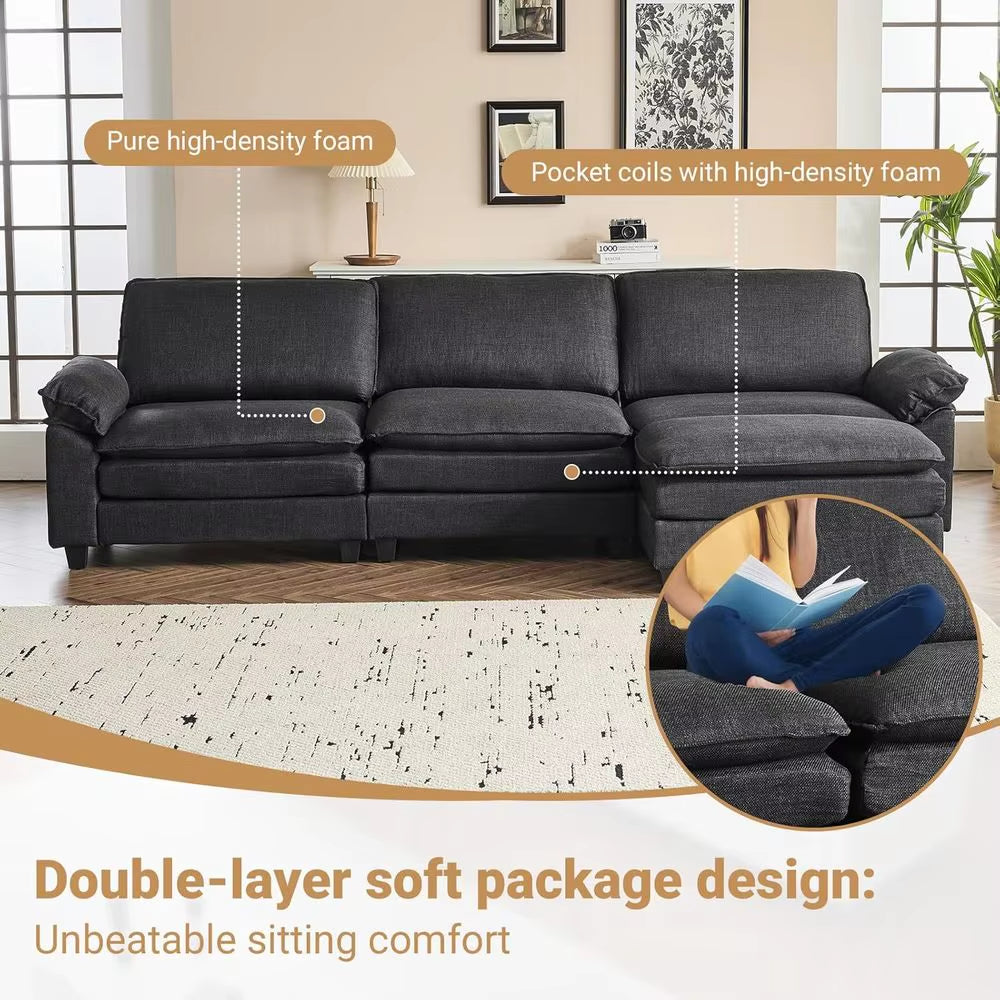 121" Cloud Couch, Comfy Modular Sectional Sofa Set for Living Room,Modern Linen 3-Seat Convertible Loveseat Sofa with 1 Ottoman