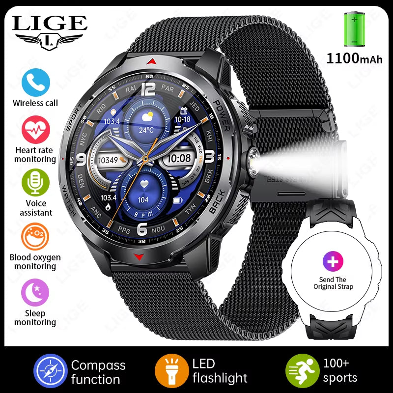 New Smart Watch Men 1100Mah Large Capacity Battery Compass Outdoor 3ATM Waterproof Sports Fitness Bluetooth Call Smartwatch