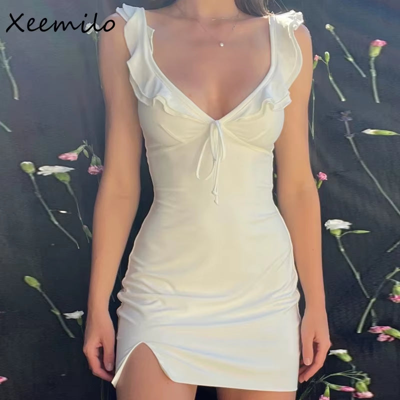 Fashion Women Backless Sleeveless V-Neck Dress Elegant Ruffle Split Mini Summer 2024 Slim Party Clubwear Sexy Vestidos