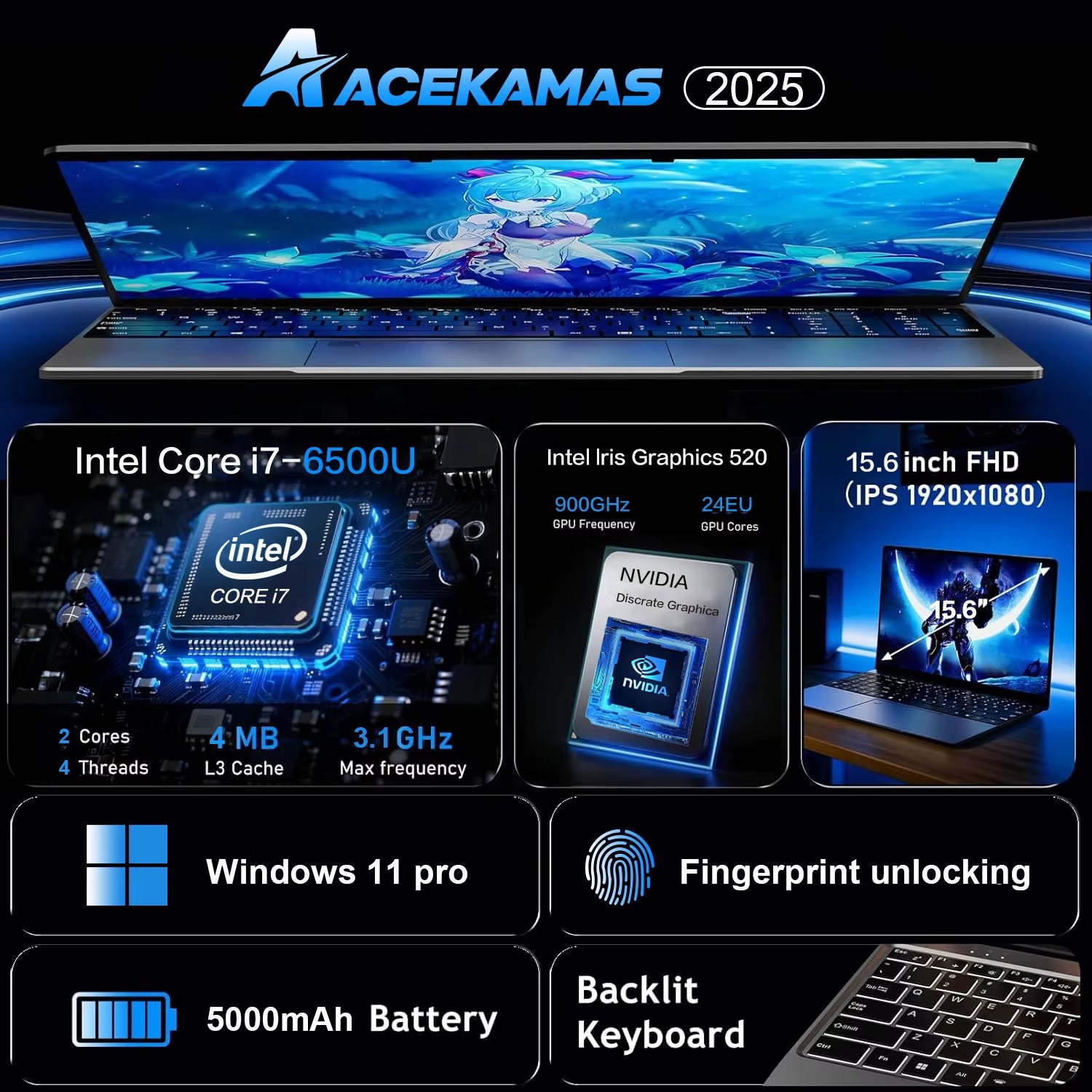 ACEKAMAS 15.6" Laptop Computer PC Windows 11  Core I7 6500U I3 6100U 16GB RAM Fingerprint Unlock Notebook Backlight Laptops