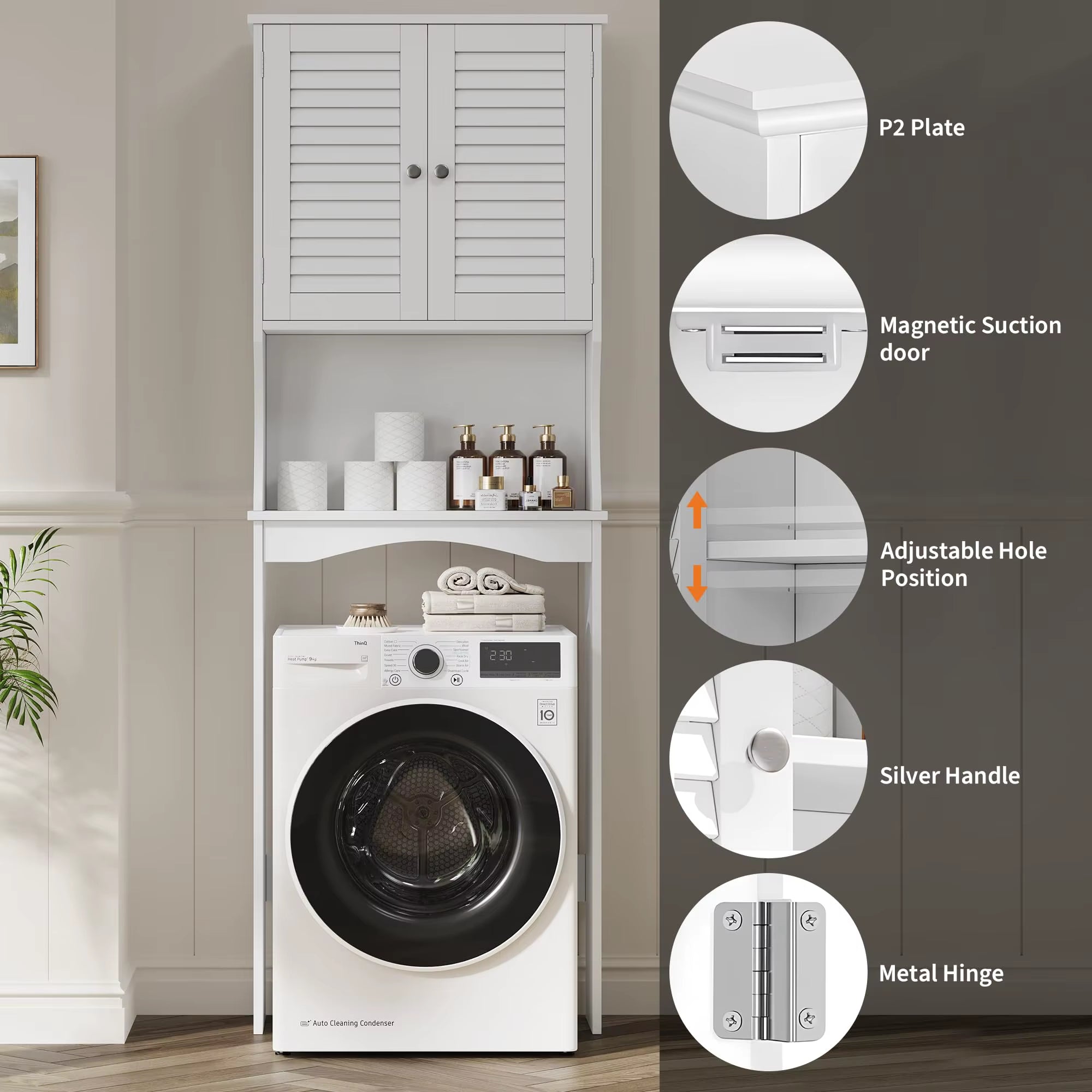 Over the Toilet Storage Cabinet, Space-Saving Bathroom Organizer with Adjustable Shelf & Hooks, Anti-Tip above Toilet Shelf