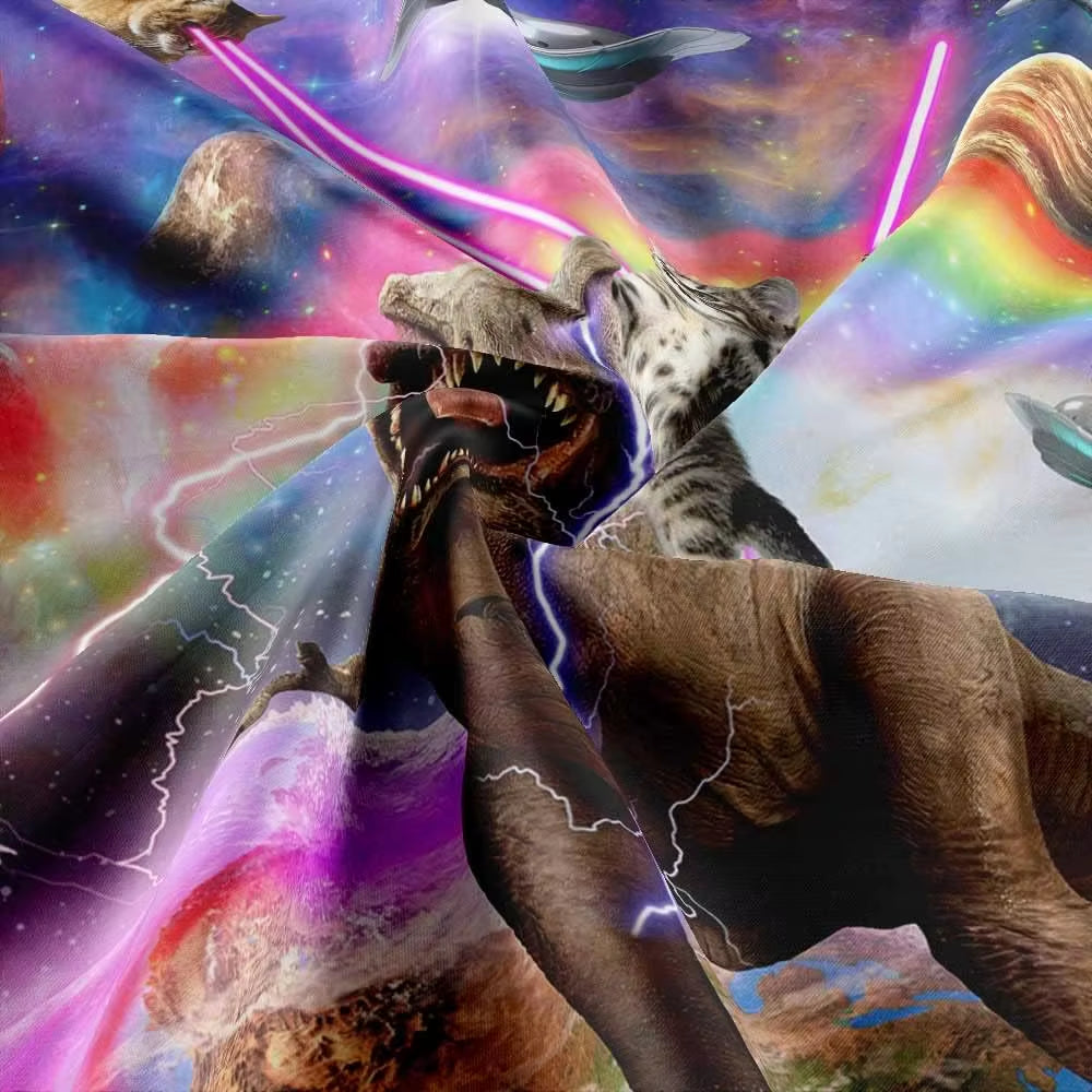 Funny Cat Shower Curtain Boys Kids Bathroom Decor, Cool Riding Dinosaur on Fantasy Galaxy Hilarious Curtain, Funky Outer Space