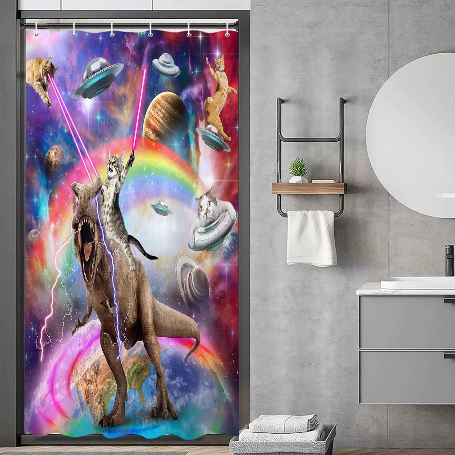 Funny Cat Shower Curtain Boys Kids Bathroom Decor, Cool Riding Dinosaur on Fantasy Galaxy Hilarious Curtain, Funky Outer Space