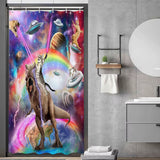 Funny Cat Shower Curtain Boys Kids Bathroom Decor, Cool Riding Dinosaur on Fantasy Galaxy Hilarious Curtain, Funky Outer Space