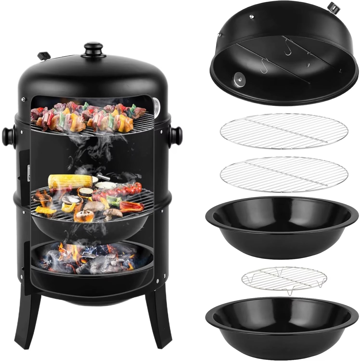 16 Inch Charcoal BBQ Smoker Grill,3-In-1 Portable Vertical Grill Cooker with Built-In Thermometers & Adjustable Vent Systems