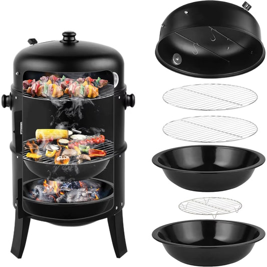 16 Inch Charcoal BBQ Smoker Grill,3-In-1 Portable Vertical Grill Cooker with Built-In Thermometers & Adjustable Vent Systems