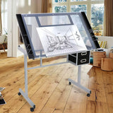Adjustable Glass-Top Drafting Table with Dual Drawers and Mobility for Artistic and Professional Use in Home or Office